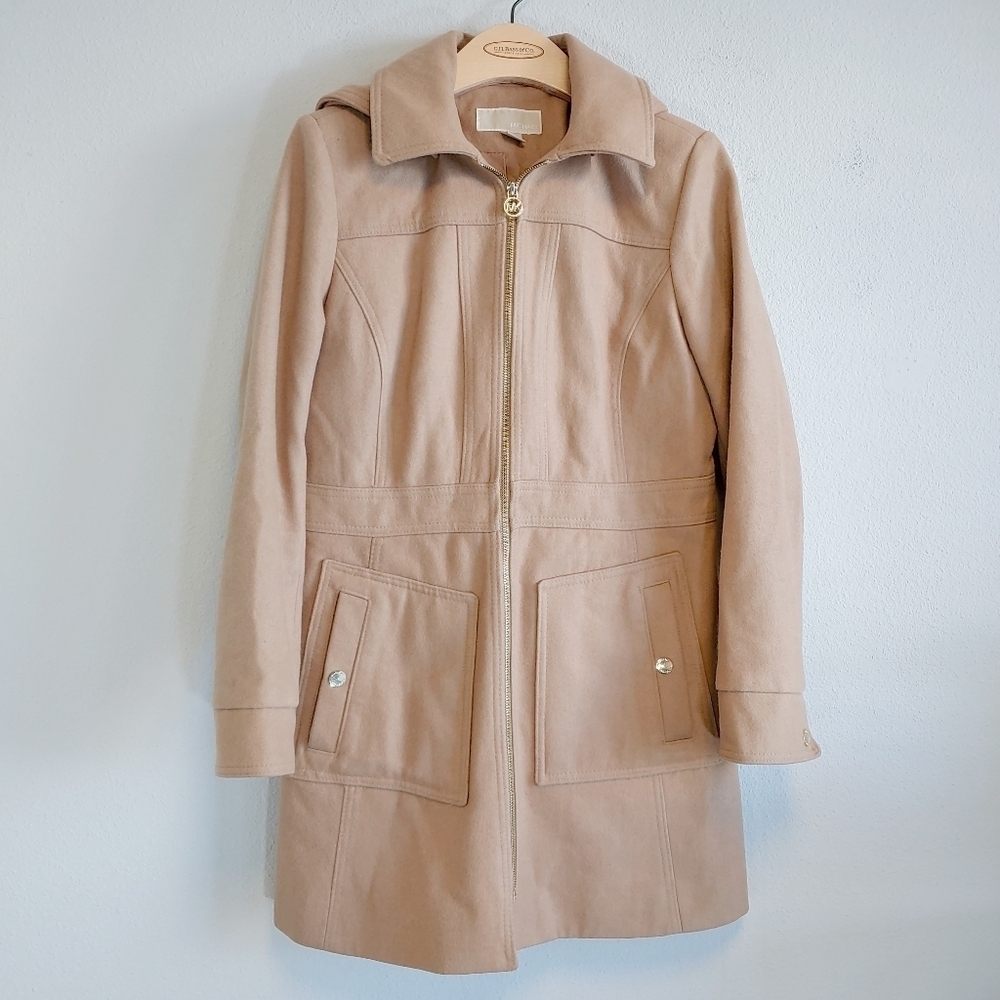 Michael Michael Kors Womens Caramel Zipper Hood Wool Blend Coat Sz M Classic